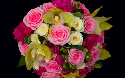 रंगीन गुलाब के फूल, गुलदस्ता, गुलाब की शादी का गुलदस्ता, शादी का गुलदस्ता का एक गुलदस्ता, गुलाब के फूल