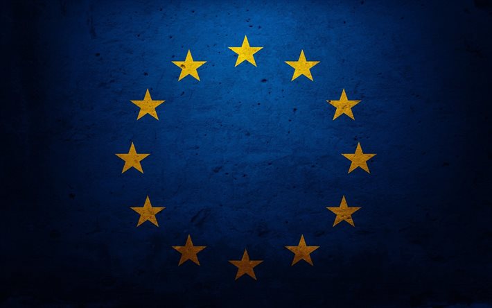 l'union européenne, le drapeau de l'union européenne, la texture du mur, mur bleu