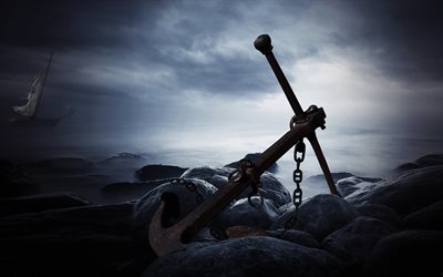 sea, fog, rusty anchor, stones