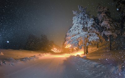 snowfall, snow-covered road, blizzard, winter, night