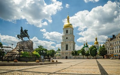 kiev, ucrania, bogdan khmelnitsky, sofía, plaza, monumento, santa sofía, la catedral de santa sofía de la catedral, sofía plaza
