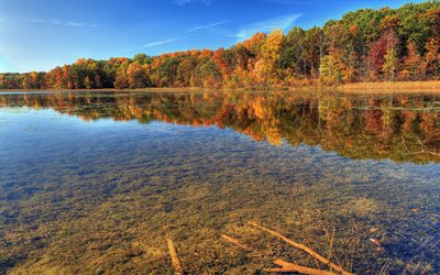 o lago, outono, águas claras, calma, vidro