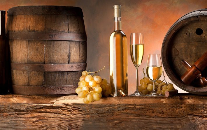 grapes, white wine, barrels, wine cellar