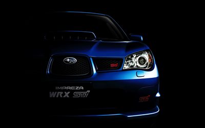 Subaru Impreza WRX STi, sportcars, 2006 cars, tuning, blue impreza, headlights, Subaru