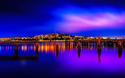 Wellington, nuit, lumières, ligne d'horizon, la Nouvelle-Zélande