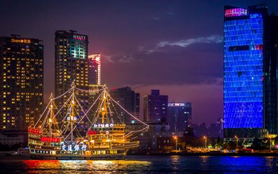 Shanghai, Huangpu Nehri, yansıma, tekne, gece, bina, Çin