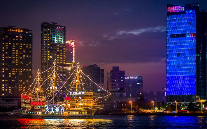 Shanghai, Fiume Huangpu, di riflessione, di barche, di notte, edifici, Cina