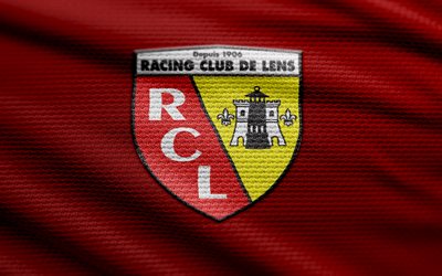 logo in tessuto per lenti rc, 4k, sfondo in tessuto rosso, ligue 1, bokeh, calcio, logo dell'obiettivo rc, emblema dell'obiettivo rc, lente rc, club di calcio francese, lente fc