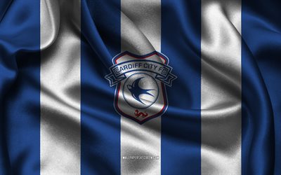 4k, Cardiff City FC logo, blue white silk fabric, English football team, Cardiff City FC emblem, EFL Championship, Cardiff City FC, England, football, Cardiff City FC flag, soccer