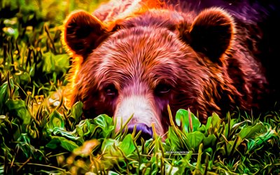 4k, grizzly, artwork, bear drawings, grizzly drawings, predator, bears, wildlife, abstract animals