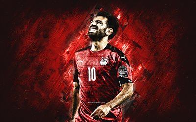 mohamed salah, egypten nationellt fotbollslag, egyptisk fotbollsspelare, porträtt, röd stenbakgrund, egypten, fotboll