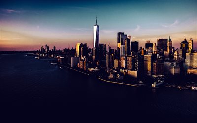 4k, new york, manhattan, soirée, coucher de soleil, world trade center 1, panorama, paysage urbain de new york, grattes ciels, etats unis