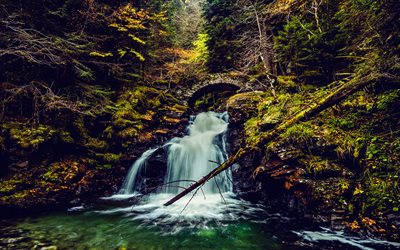 mountain waterfall, autumn, evening, forest, mountain river, stone bridge, waterfalls, autumn landscape, mountain stream