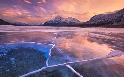 아브라함 호수, 4k, 산, 겨울, 앨버타, 캐나다