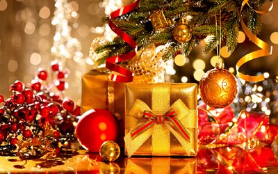 De navidad, bolas, caja de regalo, árbol, Año Nuevo