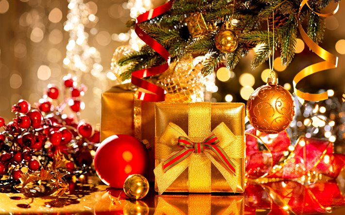 Christmas, balls, gift box, tree, New Year