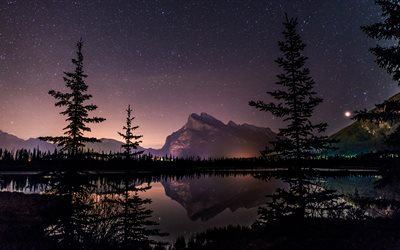 Vermillion Lake, 4k, night, stars, Banff National Park, Alberta, Canada