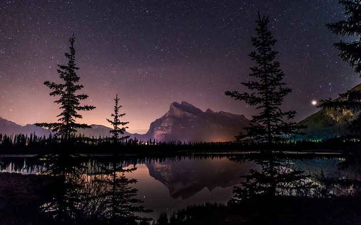 Vermillion Göl, 4k, gece, yıldızlar, Banff Ulusal Parkı, Alberta, Kanada
