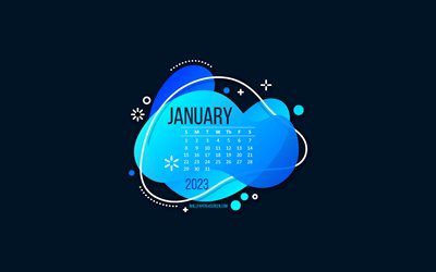 calendrier janvier 2023, fond bleu, élément créatif bleu, concepts 2023, calendriers 2023, janvier, art 3d