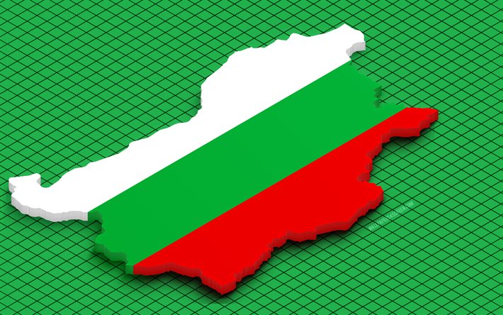 ブルガリアの 3 d マップ, 4k, 緑の四角の背景, ヨーロッパ, アイソメ マップ, ブルガリアの国旗, ブルガリアの旗, ブルガリア地図シルエット, フラグとブルガリアの地図, ブルガリアの地図, 3d マップ, ブルガリア