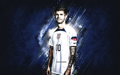 Christian Pulisic, United States national soccer team, portrait, american football player, blue stone background, USA, football, Qatar 2022, World Cup 2022, national teams, USMNT