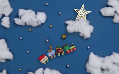 Happy New Year, Merry Christmas, Christmas train on the sky, delivery of Christmas gifts, Christmas star, New Year background, New Year template