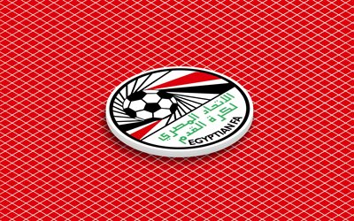 4k, egyptens fotbollslandslags isometriska logotyp, 3d konst, isometrisk konst, egyptens fotbollslandslag, röd bakgrund, egypten, fotboll, isometriskt emblem