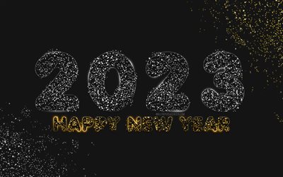 2023 feliz ano novo, 4k, dígitos de brilho de prata, lantejoulas de prata dourada, 2023 conceitos, 2023 dígitos 3d, decorações de natal, feliz ano novo 2023, criativo, 2023 fundo preto, 2023 ano