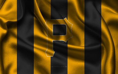 4k, logo des pirates de pittsburgh, tissu de soie jaune noir, équipe américaine de base ball, emblème des pirates de pittsburgh, mlb, pirates de pittsburgh, etats unis, base ball, drapeau des pirates de pittsburgh, ligue majeure de baseball