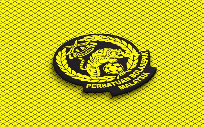4k, logotipo isométrico del equipo nacional de fútbol de malasia, arte 3d, arte isometrico, selección de fútbol de malasia, fondo amarillo, malasia, fútbol, emblema isométrico