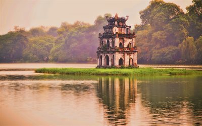 torre de la tortuga, lago hoan kiem, lago de la espada devuelta, tardecita, puesta de sol, hanoi, lago espada, punto de referencia, vietnam