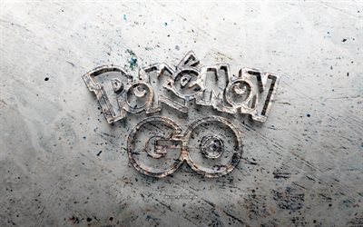 logotipo de piedra de pokémon go, 4k, fondo de piedra, logotipo 3d de pokémon ir, juegos en línea, creativo, logotipo de pokémon go, arte grunge, pokémon ir