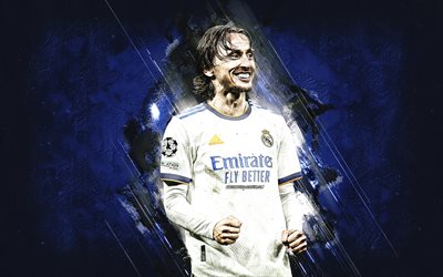Luka Modric, Real Madrid, portrait, Croatian footballer, midfielder, blue stone background, La Liga, Spain, football