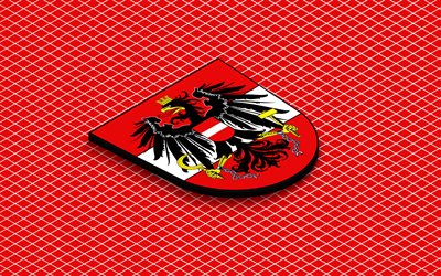 4k, logo isometrico della nazionale di calcio austriaca, arte 3d, arte isometrica, nazionale di calcio austriaca, sfondo rosso, austria, calcio, emblema isometrico