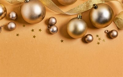 Golden Christmas balls, Happy New Year, golden christmas background, Christmas frame, background with Christmas balls, Merry Christmas, gold background for Christmas greeting card
