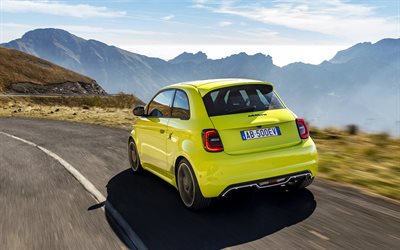 2023, Fiat 500e Abarth, exterior, rear view, yellow hatchback, electric Fiat 500, yellow Fiat 500, electric cars, Italian cars, Fiat