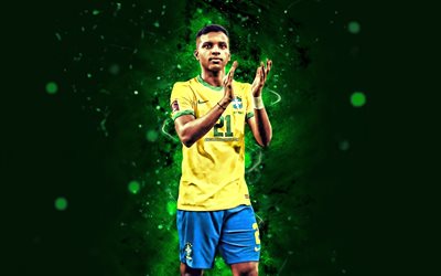 rodrygo, 4k, 2022, selección de brasil, fútbol, futbolistas, luces de neón verdes, rodrygo va, equipo de fútbol brasileño, rodrygo 4k