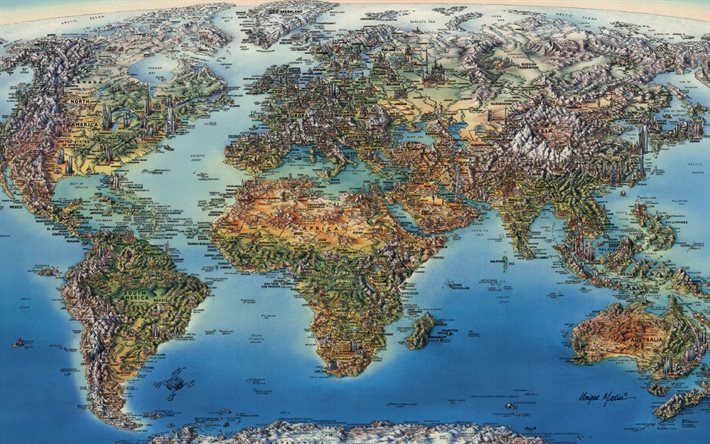 4k, dünya haritası, kıtalar, okyanuslar, dünyanın coğrafi haritası, 3d dünya haritası, kuzey amerika haritası, avrasya haritası, avrupa haritası, güney amerika haritası, afrika haritası, avustralya haritası, coğrafi dünya haritası