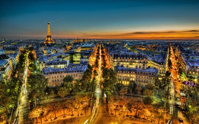 Eiffel tower, evening, sunset, Paris, city lights, Paris panorama, Paris cityscape, beautiful sunset, France