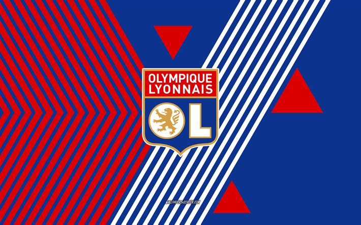 logo dell'olympique lyonnais, 4k, squadra di calcio francese, sfondo di linee blu rosse, olimpique lyonnais, lega 1, francia, linea artistica, emblema dell'olympique lyonnais, calcio, lione fc