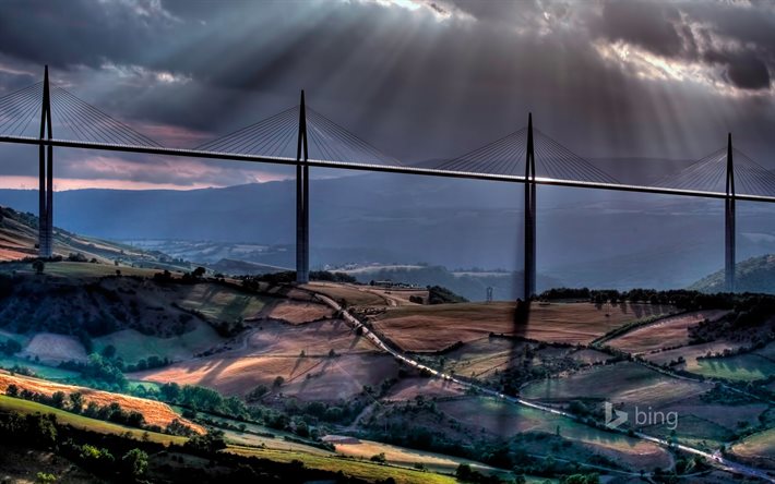 Tarn, Millau, river, valley, fields, mountains, viaduct, France