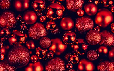 Red christmas balls, background with balls, red christmas background, Happy New Year, Merry Christmas, christmas postcard template