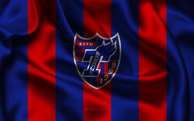 4k, logo du fc tokyo, tissu de soie rouge bleu, équipe japonaise de football, emblème du fc tokyo, ligue j1, fc tokyo, japon, football, drapeau du fc tokyo