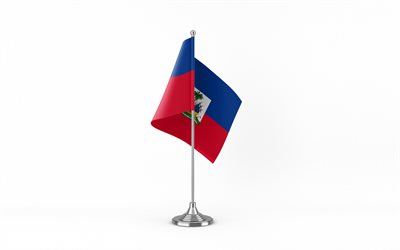 4k, हैती टेबल झंडा, सफेद पृष्ठभूमि, हैती का झंडा, हैती का टेबल फ्लैग, धातु की छड़ी पर हैती का झंडा, राष्ट्रीय चिन्ह, हैती