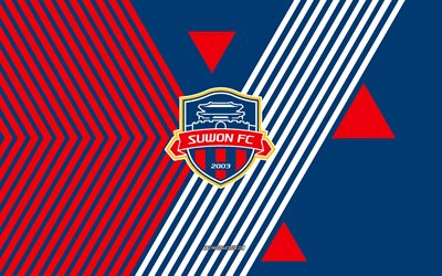 suwon fc logosu, 4k, güney kore futbol takımı, kırmızı mavi çizgiler arka plan, suwon fc, k ligi 1, güney kore, hat sanatı, suwon fc amblemi, futbol