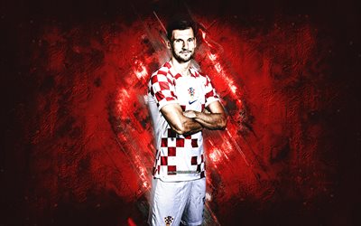 borna barísic, kroatische fußballnationalmannschaft, kroatischer fußballspieler, verteidiger, roter steinhintergrund, kroatien, katar 2022, fußball