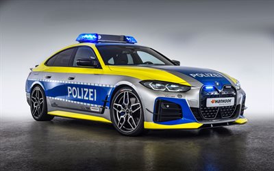 2022, bmw i4, 4k, ac schnitzer, auto della polizia, esterno, vista frontale, polizia bmw i4, auto elettriche della polizia, auto tedesche, messa a punto, bmw