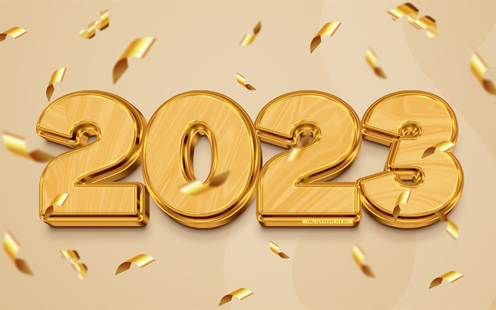 4k, Happy New Year 2023, golden 3D digits, artwork, 2023 concepts, 2023 golden digits, xmas decoration, creative, 2023 yellow background, 2023 year, 2023 3D digits