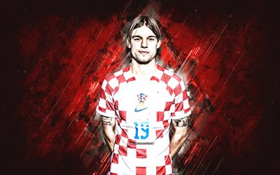 borna sosa, seleção croata de futebol, retrato, fundo de pedra vermelha, jogador de futebol croata, defensor, croácia, futebol americano
