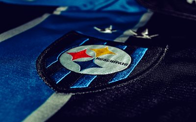 4k, logo cd huachipato, trama del tessuto nero blu, emblema cd huachipato, società calcistica cilena, talcahuano, chile, club deportivo huachipato, calcio